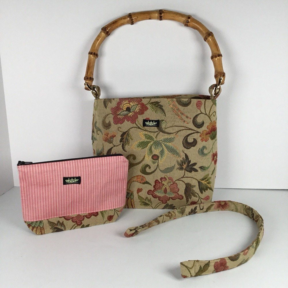 Vintage‎ Canvas Purse W/Removable Tapestry Or Bamboo Wood Handle & Pouch